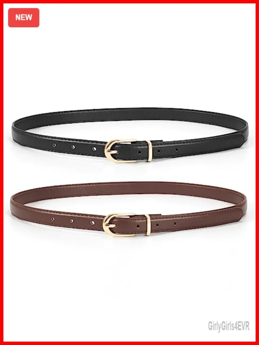 2 Pack Women's Skinny Faux Leather Belt with Gold/Silver Buckle, Adjustable